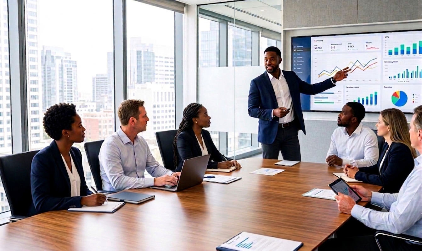 A team reviewing performance dashboards together in a boardroom
